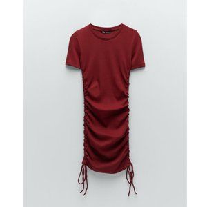 Zara Red Ribbed Rouched Mini Dress Size S